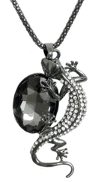 Black Stone Studded Lizard Pendant with Metal Chain