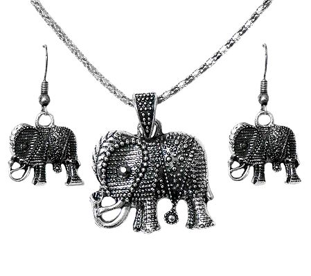Oxidized Metal Chain with Elephant Pendant and Earrings