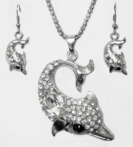 Metal Chain with White Stone Studded Dolphin Pendant and Earrings 