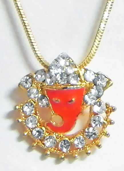 Gold Plated and Stone Studded Ganesha Face Pendant with Chain