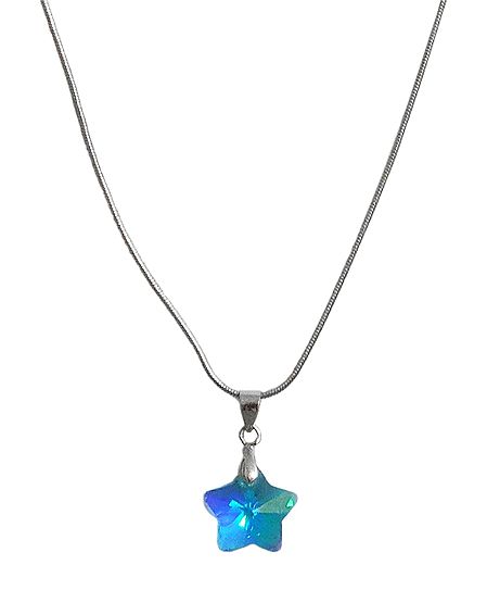 Blue Cut Glass Star Pendant with Chain