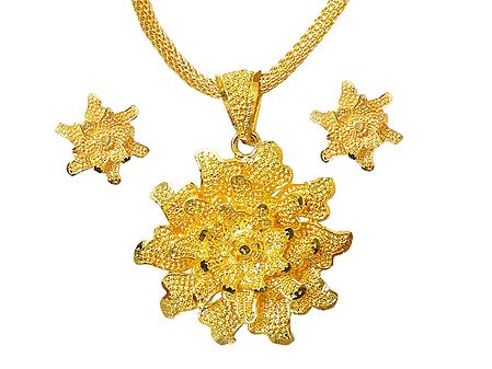 Gold Plated Chain with Flower Pendant and Earrings