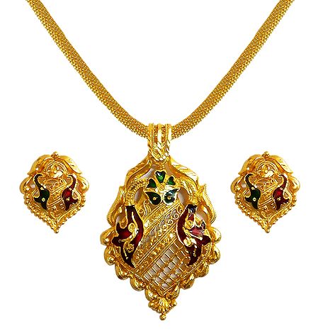 Gold Plated Jali Chain with Meenakari  Pendant and Earrings