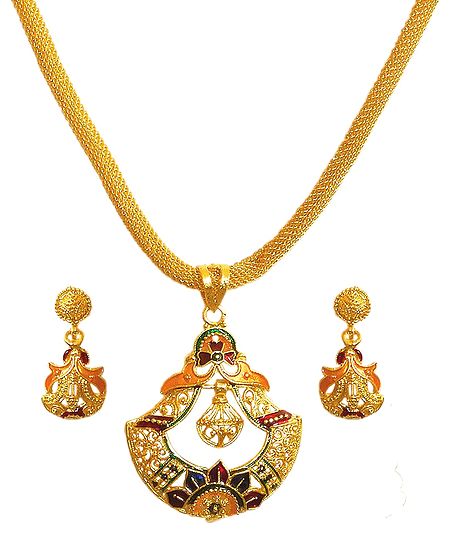 Gold Plated Jali Chain with Pendant and Earrings