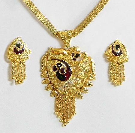 Gold Plated and Meenakari Pendant with Chain and Earrings