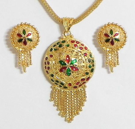 Gold Plated and Meenakari Pendant with Chain and Earrings