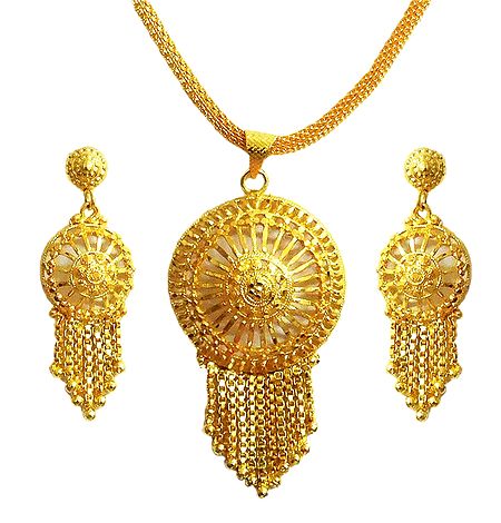 Gold Plated Chain with Jhalar Pendant and Earrings