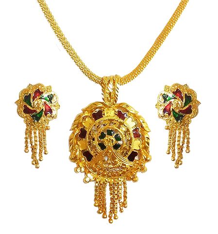 Gold Plated Chain with Meenakari Pendant and Earrings