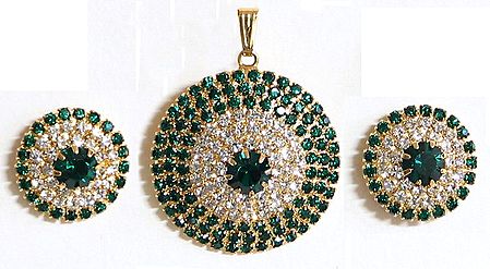 Green and White Stone Studded Round Shaped Pendant and Earrings
