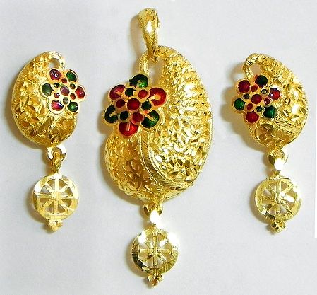 Gold Plated Meenakari Pendant with Earrings