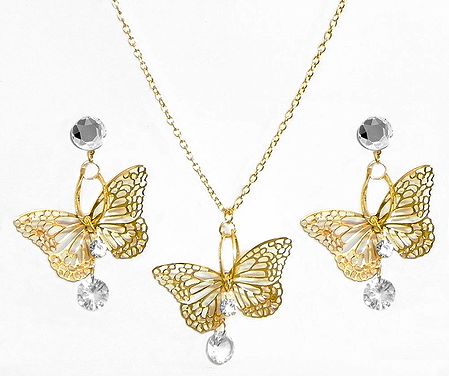 Golden Metal Chain with Butterfly Pendant and Earrings