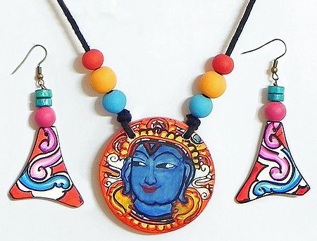Mural Painting on Pendant and Earrings with Black Cord