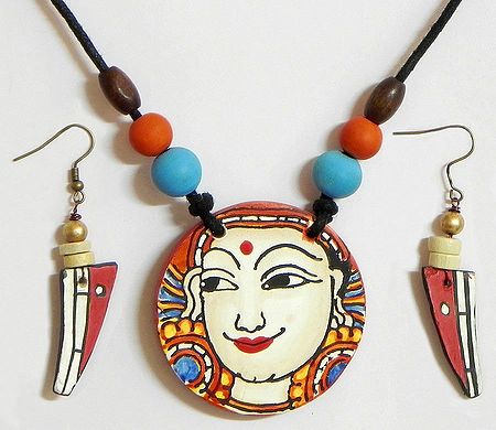 Mural Painting on Pendant and Earrings with Black Cord