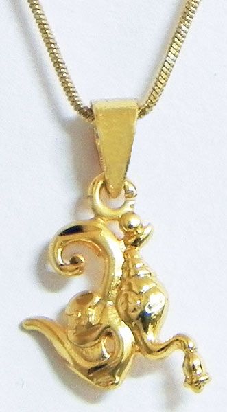 Gold Plated Pendant with Chain - Om with Ganesha Face