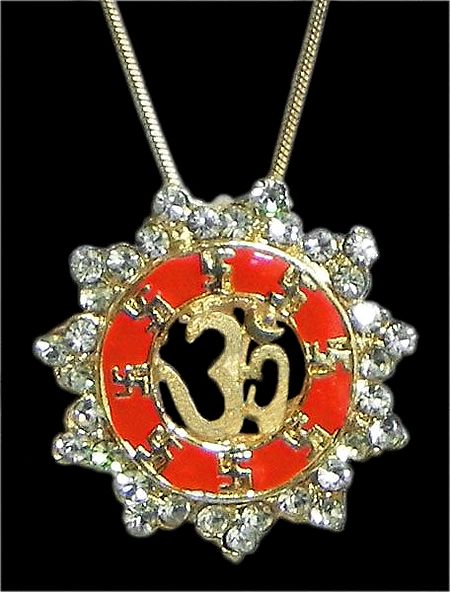 Gold Plated and Stone Studded Pendant with Om and Swastika (Auspicious Hindu Symbols)