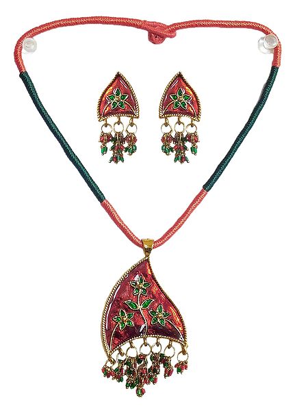 Floral Design Lacquered Metal Pendant and Earrings