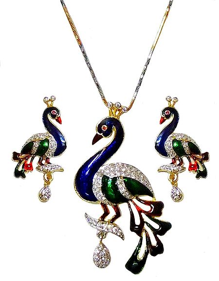 Gold Plated Chain with Faux White Zirconia Studded Peacock Pendant and Earrings 