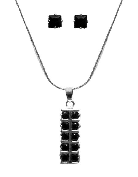 Black Stone Studded Pendant with Chain and Earrings