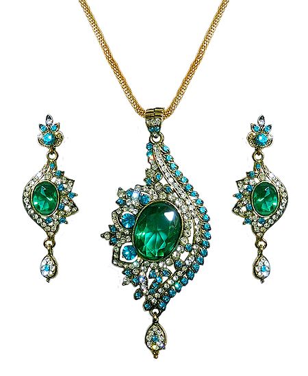 Cyan with White Stone Studded Pendant with Chain and Earrings