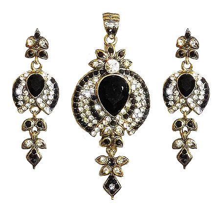 Black and White Stone Studded Pendant and Earrings