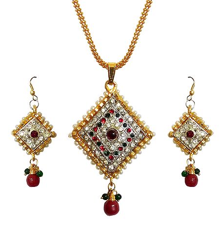 White Stone Studded Pendant with Chain and Earrings