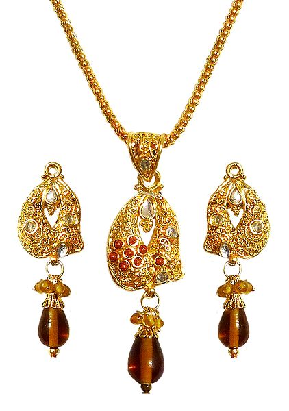 Gold Plated Pendant with Chain and Earrings