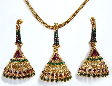 Gold Plated Chain with Stone Studded Pendant and Earrings