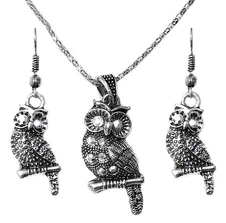 Oxidized Metal Chain with Owl Pendant and Earrings