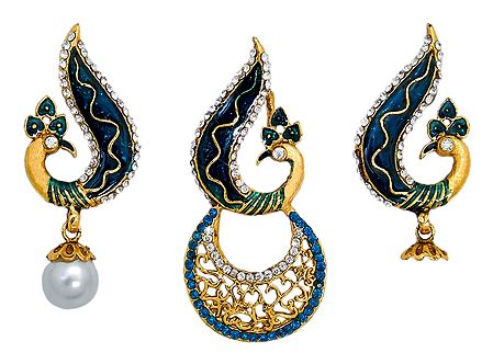 Blue and White Stone Studded Laquered Peacock Pendant and Earrings