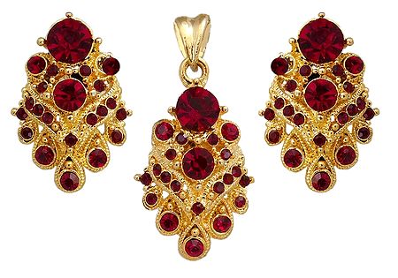 Red Stone Studded Pendant and Earrings