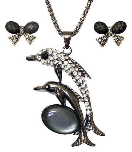 Metal Chain with White Stone Studded Dolphin Pendant and Earrings 