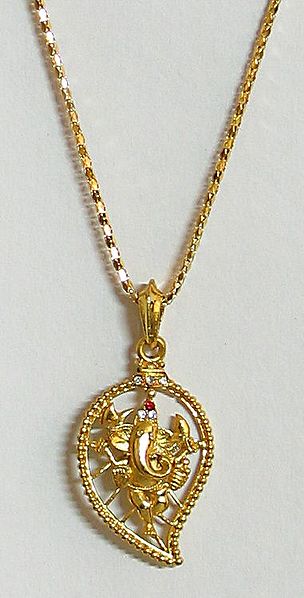 Stone Studded Ganesha on Leaf Pendant with Chain