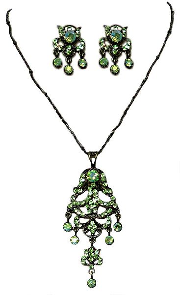 Green Zirconia Stone Studded Necklace with Black Chain and Earrings