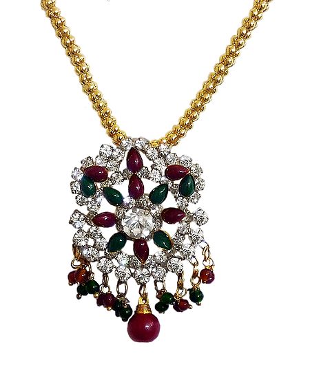 Green and Red Stone Studded Pendant with Chain