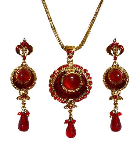 Red Stone Studded Pendant with Chain and Earrings