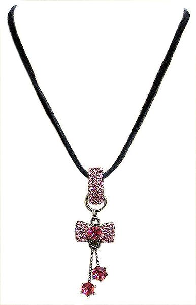 Pink Stone Studded Pendant with Black Cord
