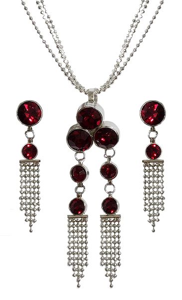Maroon Stone Studded Pendant with Chain and Earrings