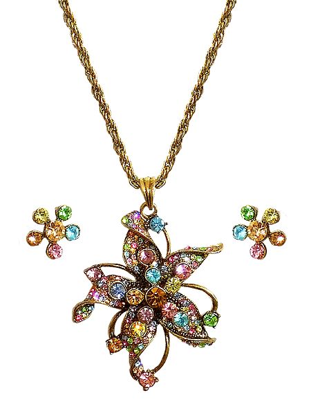 Multicolor Stone Studded Pendant with Oxidised Metal Chain and Earrings