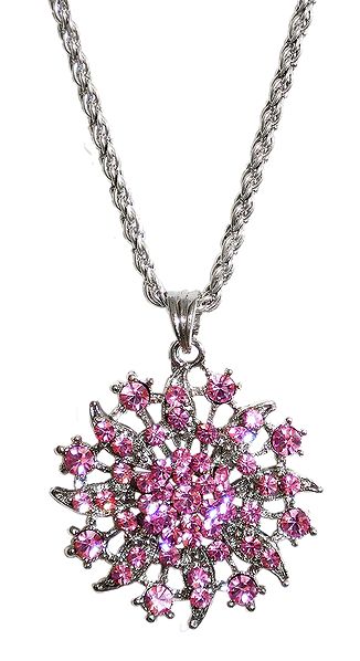 Pink Stone Studded Pendant with Oxidised Metal Chain