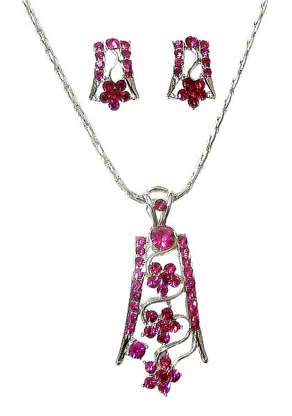 Silver Plated Chain with Magenta Stone Studded Pendant and Earrings
