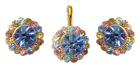 Light Blue and Multicolor Stone Studded Pendant and Earrings