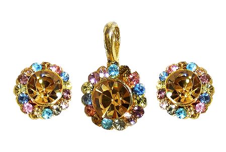Light Brown and Multicolor Stone Studded Pendant and Earrings