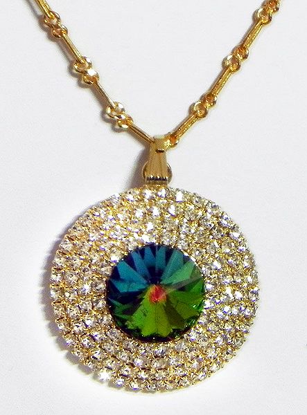 Green with White Stone Studded and Gold Plated Pendant with Chain