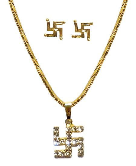 White Stone Studded Swastik Pendant with Chain and Earrings