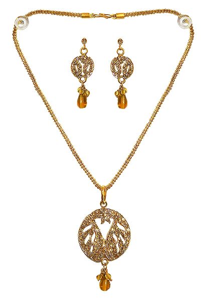 Golden Yellow Stone Studded Pendant with Chain and Earrings