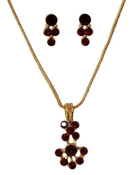Maroon Stone Studded Pendant and Earrings
