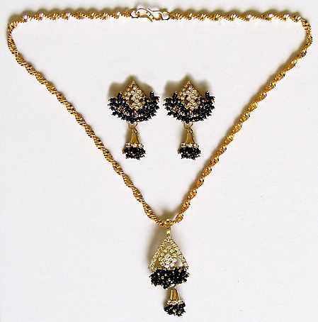White Stone Studded and Beaded Pendant with Golden Chain and Earrings