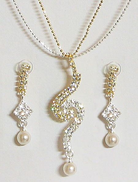 White Stone Studded Pendant with Chain and Earrings