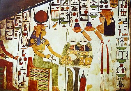 Queen Nefertari Offering Nu Pots to the Goddess Hathor (From an Egyptian Painting)