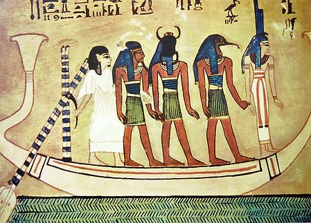 Isis, Thost, Sun God, Hu, and the Dead Man on Sun Barge (From an Egyptian Painting)